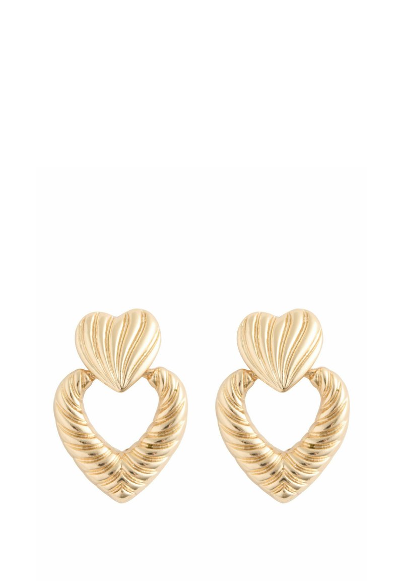 Gold-tone earrings featuring a heart design with ribbed texture, shaped as intertwined hearts. Smooth and patterned surface details.