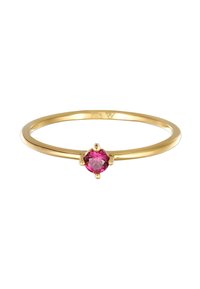 Guld ring med en rund pink sten sat i et seks-klo-sæde. Strømlinet ring med en poleret finish, minimalistisk design.