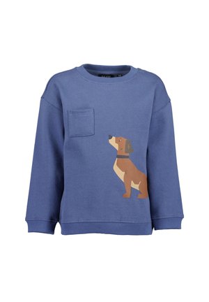 Niebieska dziecięca bluza z długim rękawem, małą kieszonką na piersi i grafiką siedzącego brązowego psa z obrożą z przodu.