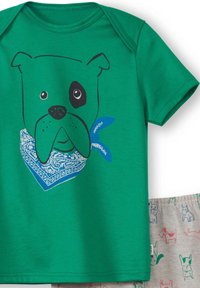 Groen T-shirt met korte mouwen met een afbeelding van het gezicht van een hond met een zwarte vlek. Inclusief een blauwe bandana-detail. Vergezeld van gestreepte shorts.
