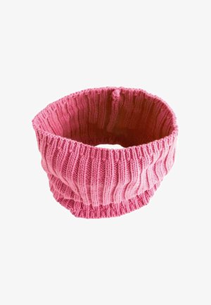 Scaldacollo rosa lavorato a maglia con texture a coste, forma rotonda e tessuto morbido, caratterizzato da un design continuo senza cuciture.