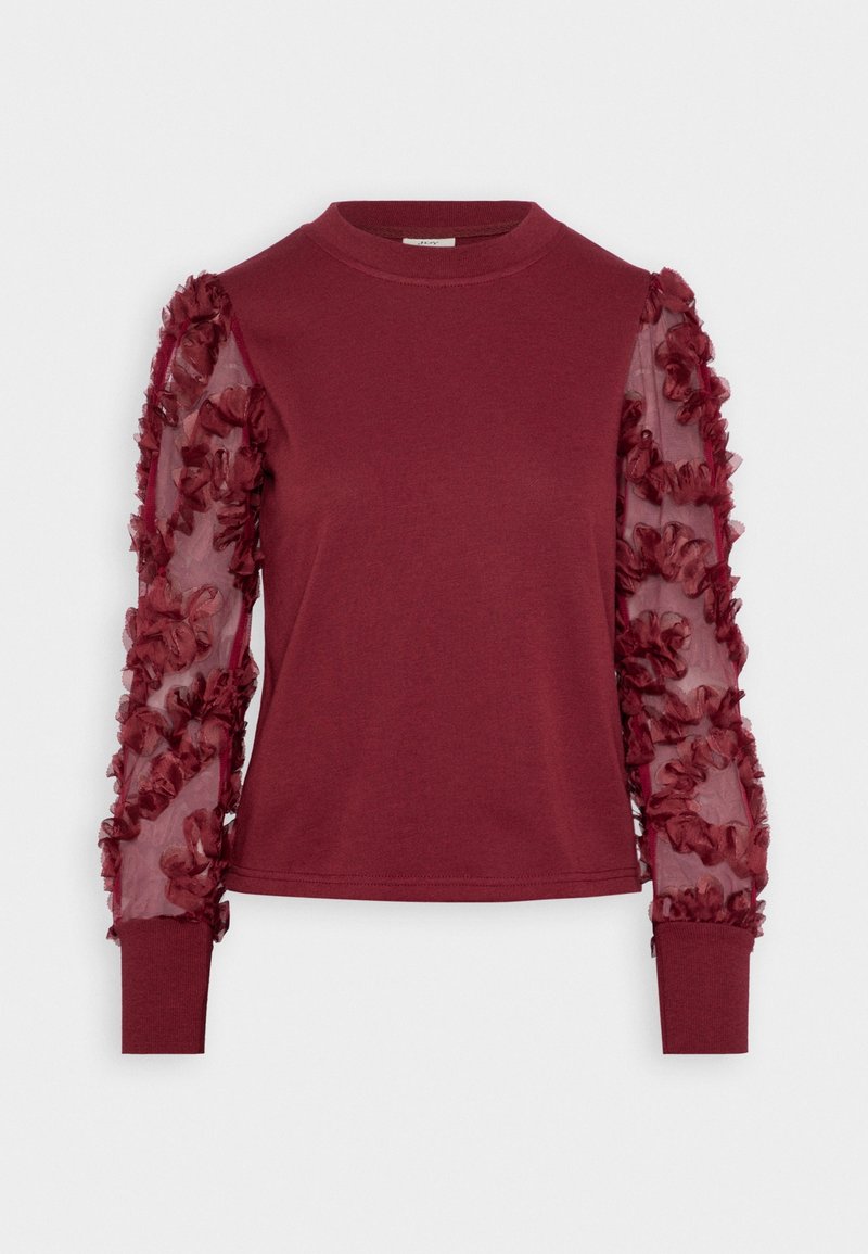 Burgundy sweatshirt with long sheer sleeves featuring ruffle details, round neckline, and fitted cuffs. Soft fabric with textured accents.