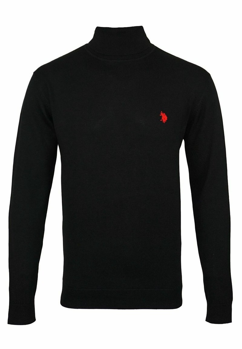 Pull noir à col roulé manches longues avec petit logo rouge brodé sur la poitrine gauche, poignets et ourlet côtelés.