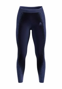Marineblaue Leggings mit einem strukturierten Farbverlauf-Muster. Mit einem breiten Taillenbund, der den Text "PROTECT OUR WINTERS" trägt. Hergestellt aus einem flexiblen Material.