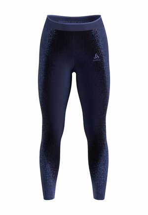 Navy leggings with a textured gradient pattern. Features a wide waistband with "PROTECT OUR WINTERS" text. Made from a flexible material.