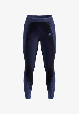 Navy leggings with a textured gradient pattern. Features a wide waistband with "PROTECT OUR WINTERS" text. Made from a flexible material.