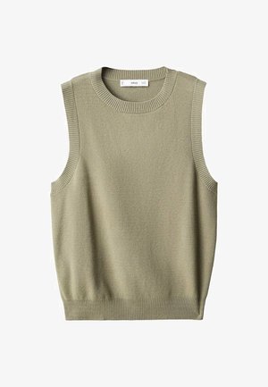 Bez rukava, svijetlozeleni pleteni pulover s okruglim izrezom. Ima rebraste rubove i mekanu teksturu, dizajniran za opuštenu siluetu.