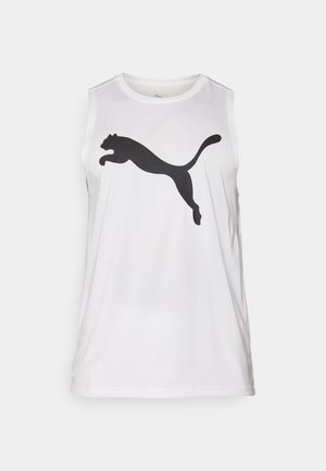 Camiseta deportiva sin mangas blanca de tejido suave que presenta un gran logo de Puma en negro en el frontal. Cuello redondo y corte regular.