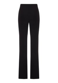 Pantalon noir avec une coupe droite, doté d'une texture lisse et d'une taille élastique. Pas de poches visibles ni d'ornements.