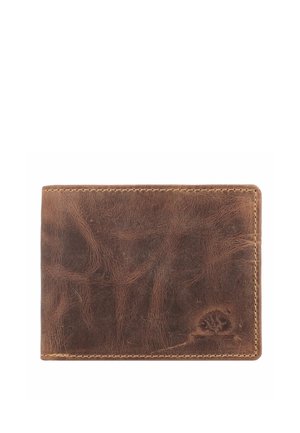 Braune Leder Geldbörse mit einer strukturierten Oberfläche, genähten Kanten und einem kleinen geprägten Baum-Logo in der unteren Ecke. Gefaltet, rechteckige Form.