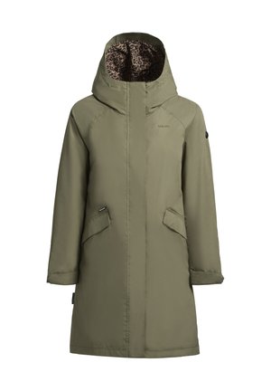Olivgrüner Wintermantel mit Kapuze, ausgestattet mit einem Futter im Leopardenmuster, zwei frontalen Taschen und geradem Schnitt. Leichtes, wasserabweisendes Material.