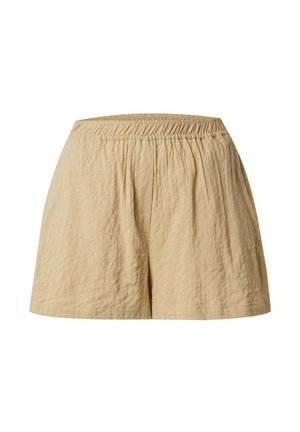 Beige Baumwollshorts mit elastischem Bund, strukturiertem Stoff und lockerer Passform, die ein einfaches Design ohne Taschen oder Verzierungen aufweisen.