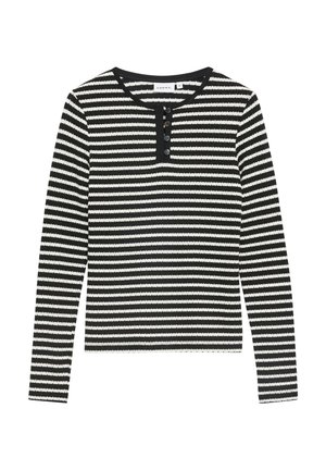 Schwarz-weiß gestreiftes Langarmshirt mit rundem Ausschnitt und vier schwarzen Knöpfen an der Knopfleiste.