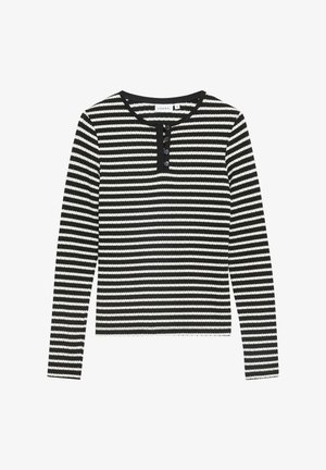 Black and white horizontal striped long-sleeve shirt with round neckline and four black buttons on button placket.