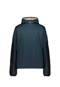 Chaqueta resistente al agua en azul verdoso oscuro con paneles laterales negros, cierre de cremallera y capucha ajustable. Cuenta con un forro interior suave y puños elásticos.