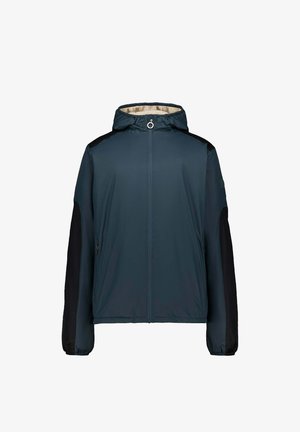 Chaqueta resistente al agua en azul verdoso oscuro con paneles laterales negros, cierre de cremallera y capucha ajustable. Cuenta con un forro interior suave y puños elásticos.