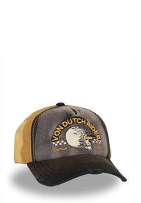 Gorra marrón y amarilla con visera plana, que presenta un gráfico de calavera bordado y el texto "VON DUTCH RIDER" en un diseño circular.