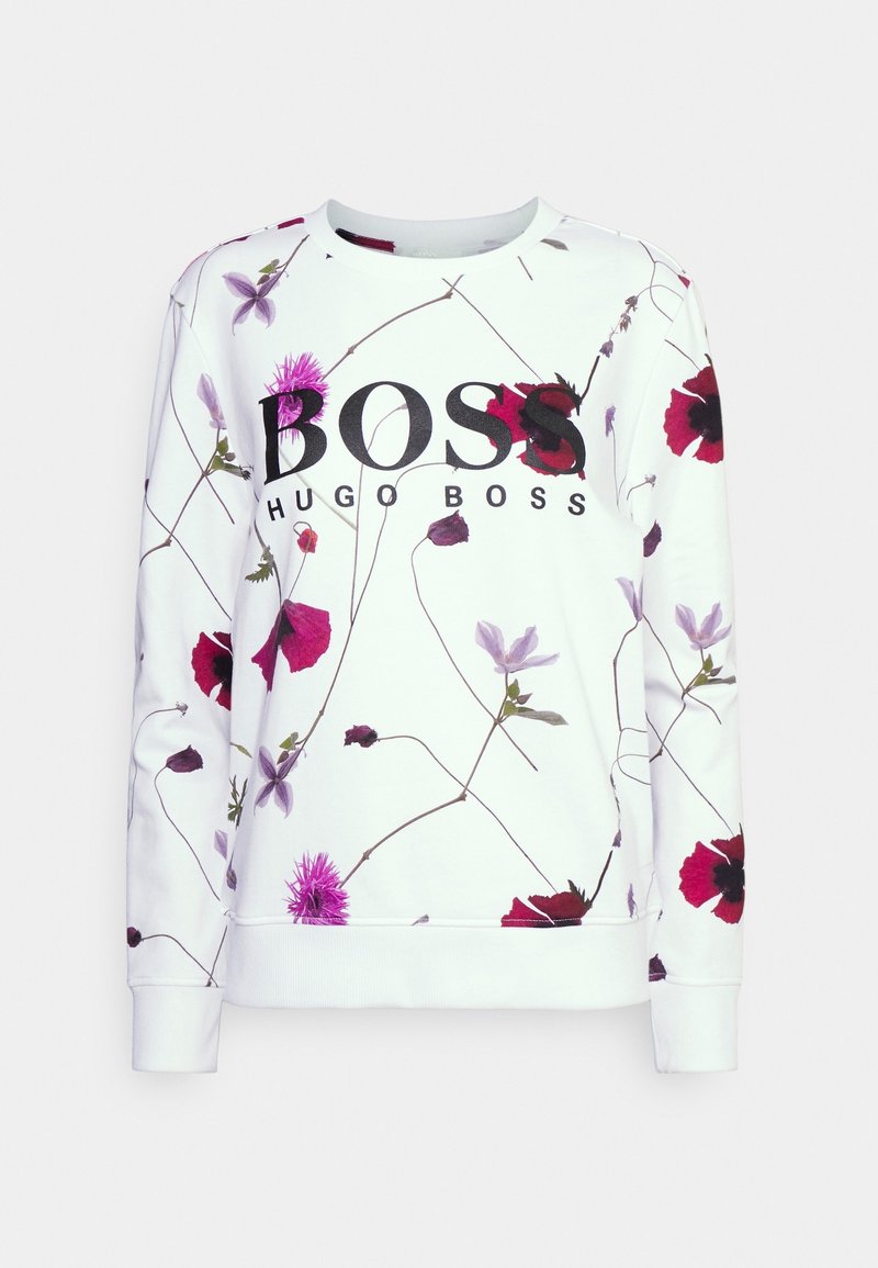 Sudadera blanca con estampado floral en tonos rosas y rojos. Presenta el logo negro "BOSS HUGO BOSS" en el frente. Textura suave, cuello redondo.
