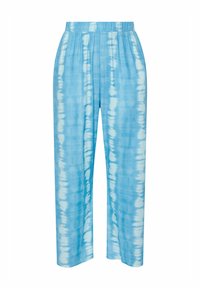 Ljusblå vida byxor i ribbat tyg med ett batikmönster i olika nyanser av blått och vitt. Elastisk midjeband.