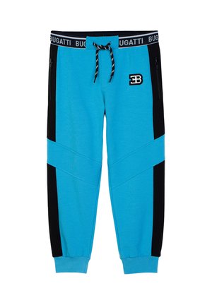 Pantaloni da jogging blu e neri con vita elastica, coulisse nera, tasche con zip ai lati e logo Bugatti sulla coscia sinistra.