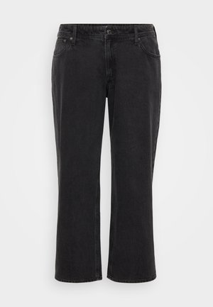 Jean en denim noir à jambes larges avec une coupe droite, cinq poches, fermeture à bouton à l'avant et détails de surpiqûres contrastantes.