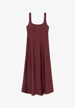 Burgundy sleeveless dress with a square neckline, flowing A-line design, textured fabric, and vertical seams for added detail.