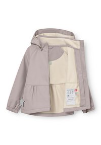 Lahka otroška vijolična jopa s kapuco in zadrgo, elastičnimi manšetami, mehko kremno podlogo iz flisa ter detajlom zadrge v obliki zvezde.