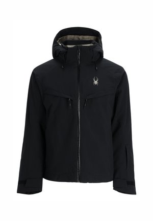 Giacca nera impermeabile con cappuccio, chiusura frontale a zip, due tasche con zip e logo discreto; presenta lacci regolabili e polsini.