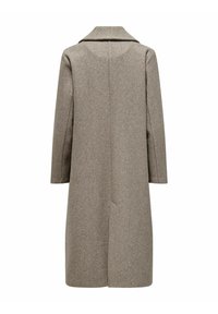 Abrigo largo de lana gris con cuello de muesca, silueta recta y bolsillos laterales. Tejido texturizado con un diseño suave y minimalista.