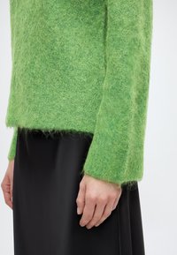 Κοντινό πλάνο ενός ατόμου που φοράει χνουδωτό πράσινο πουλόβερ με μακριά μανίκια και μαύρη φούστα, με το αριστερό χέρι να ακουμπά στο πλάι.