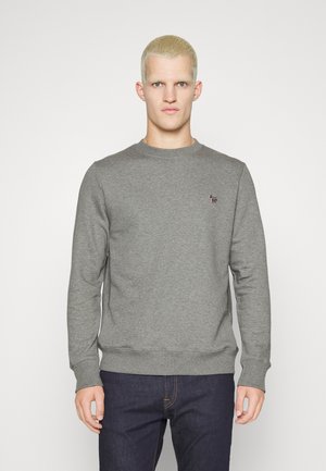 Gray sweatshirt with long sleeves and a round neckline, featuring a small embroidered logo on the chest. Material appears soft.