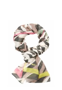 Lichte, meerkleurige sjaal met geometrische patronen in roze, groen, zwart en beige, met een klein "Brax"-logo in het geel.