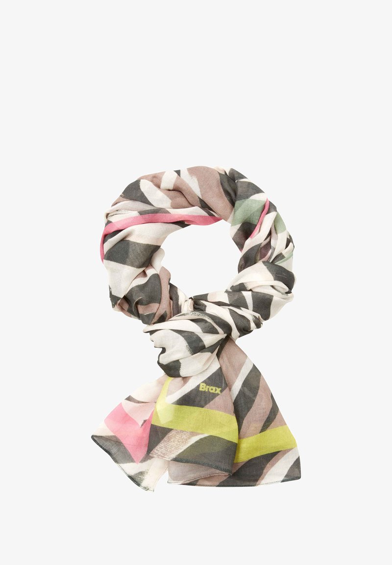 Sciarpa leggera e multicolore con motivi geometrici in rosa, verde, nero e beige, con un piccolo logo "Brax" in giallo.