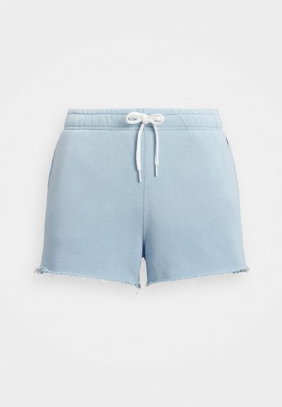 Šviesiai mėlyni medvilniniai šortai su sušalimu, elastinga juosmeniu ir baltu raiščiu. Pasižymi lygiu paviršiumi ir minimaliais akcentais.