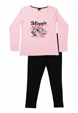 Maglietta rosa a maniche lunghe con stampa del cartone Minnie Mouse, abbinata a pantaloni neri. Il tessuto sembra morbido ed elastico.