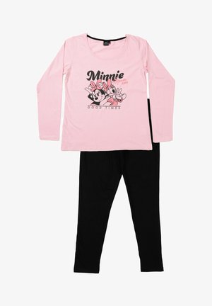 Maglietta rosa a maniche lunghe con stampa del cartone Minnie Mouse, abbinata a pantaloni neri. Il tessuto sembra morbido ed elastico.