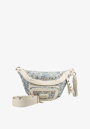 Nerka w denimowy wzór z kremową skórzaną lamówką, złotymi ćwiekami, przednią kieszenią na zamek, suwakiem z chwostem oraz odpinanym, regulowanym skórzanym paskiem.