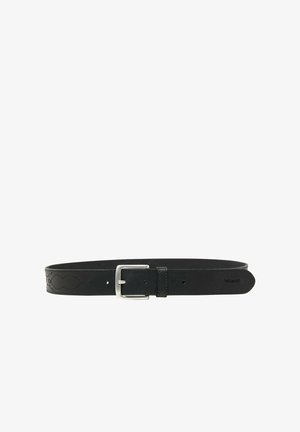 Cintura nera in pelle con una texture liscia, fibbia in metallo silver e un sottile pattern embossed lungo un lato. Vestibilità regolabile con diversi fori.