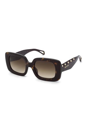 Rechthoekige zonnebril met schildpadmotief, bruine verloopglazen en gouden studs langs de pootjes.
