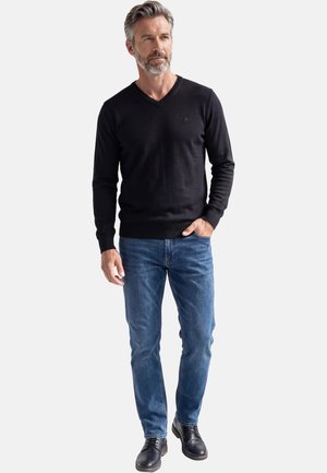 Mand med gråt hår og skæg iført en sort V-hals sweater, blå jeans og sorte lædersko, står med den ene hånd i lommen.