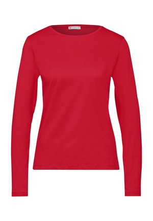 Rotes Langarmhemd aus Baumwolle mit rundem Ausschnitt und glatter Textur. Einfaches Design ohne sichtbare Muster oder Akzente.