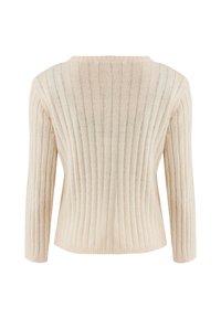 Krämfärgad ribbad stickad tröja med långa ärmar, rundad halsringning och en strukturerad tygkvalitet, med vertikala ränder över hela ryggen.