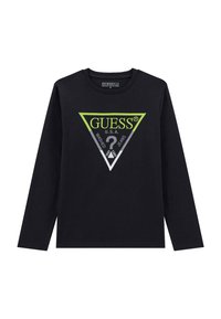 Fekete, hosszú ujjú pamut póló, zöld, szürke és fehér színű háromszög logo-val, rajta a "GUESS U.S.A." felirattal és egy kérdőjellel.