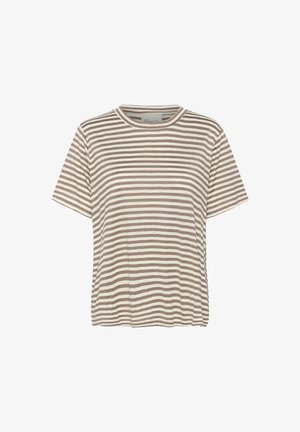 Pruhované tričko s krátkým rukávem v béžové a krémové barvě, s kulatým výstřihem a volným střihem vyrobené z měkké, lehké látky.