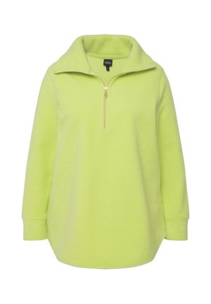 Pull-over en polaire de couleur vert lime vif. Caractéristiques : col zippé sur la moitié, manches longues et coupe décontractée avec un ourlet arrondi. Texture douce et design minimaliste.