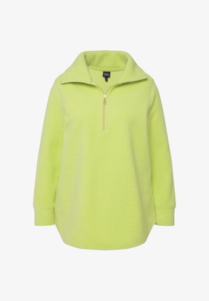 Polarowy pulower w jasnym limonkowym kolorze. Posiada kołnierz z pół zamkiem, długie rękawy oraz luźny krój z zaokrąglonym dołem. Miękka tekstura i minimalistyczny design.