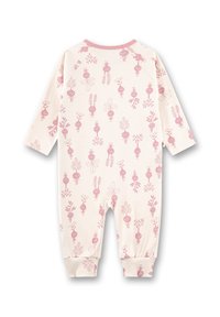 Lange mouwen baby romper in crème met rozenflorale en karakterpatronen; voorzien van elastische mouwen en een ronde halslijn. Gemaakt van zachte stof.