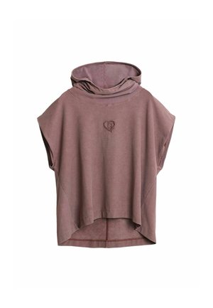 Vaaleanvioletti hihaton huppari väljällä istuvuudella, korkea-matala helma ja pieni kirjailtu sydänrintakuvio keskellä rintaa.