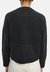 Ciemnoszary sweter o ribbed strukturze, okrągłym dekolcie i lekko skróconym zakończeniu. Długie rękawy o luźnym fasonie, przedstawione z tyłu.