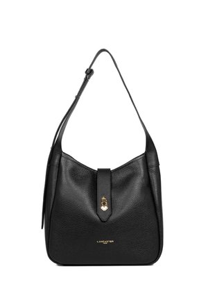 Borsa a tracolla nera in pelle con finitura testurizzata, caratterizzata da un accento di hardware dorato sulla parte anteriore e una singola tracolla regolabile.